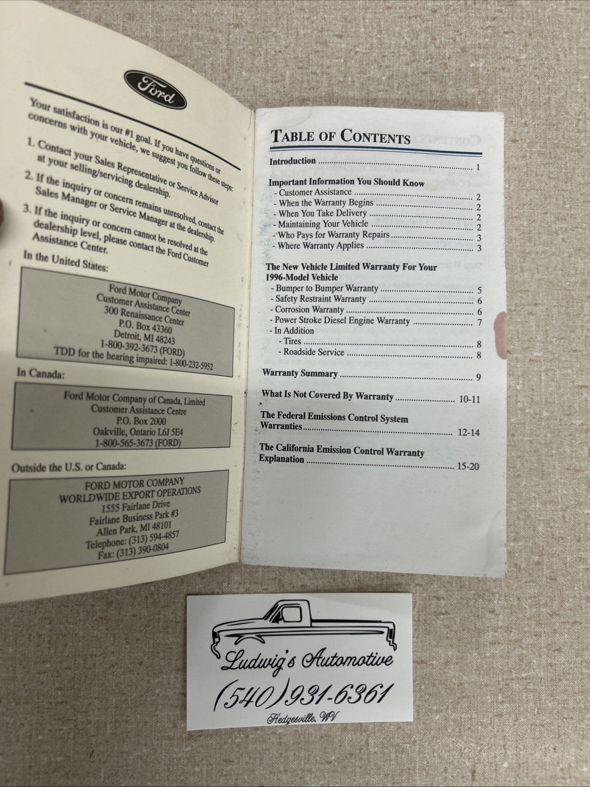 Warranty Manual Booklet 1996 Ford Mustang Bronco F150 F250 Crown Victoria Ranger